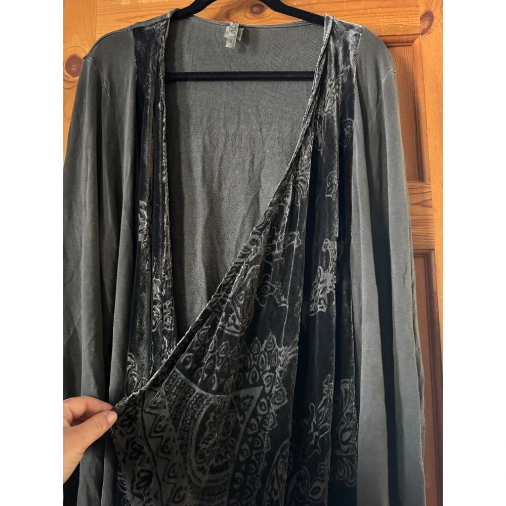 XCVI Cardigan XL Gray Burnout Velvet Silk Blend Open Front Boho Whimsigoth